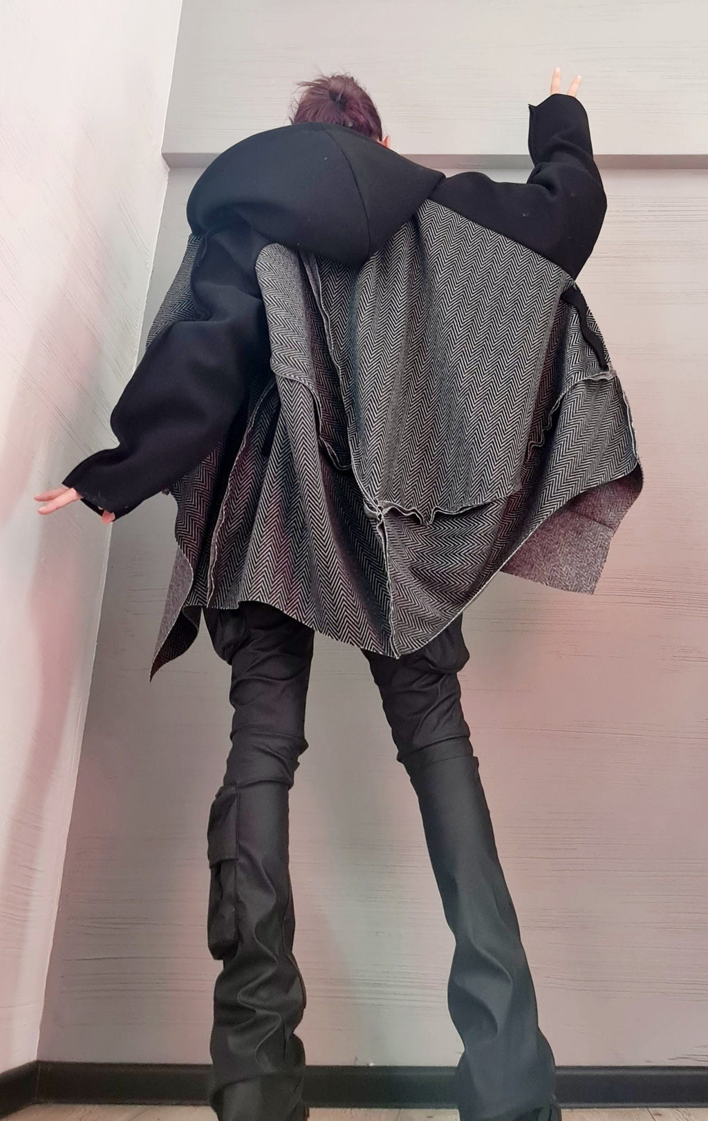 Grey and Black Asymmetrical Hooded Poncho, Herringbone Wool Cape, Long Sleeves, Plus Size