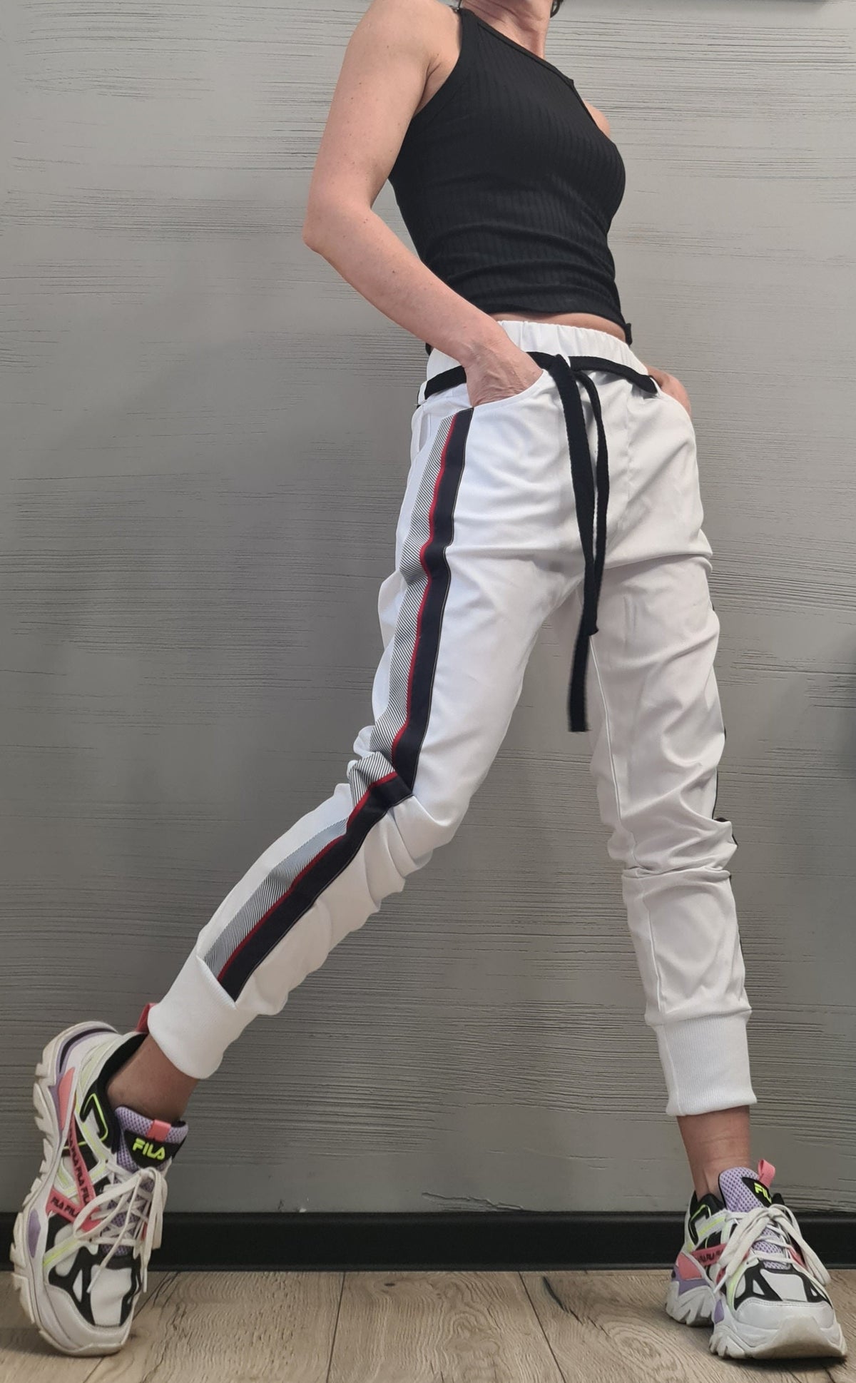 Red Cotton Drop Crotch Pants, Slim Leg Trousers, Contrast Side Stripe