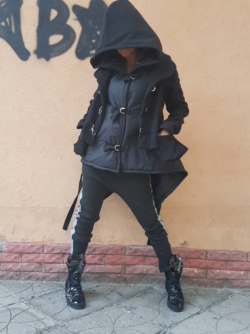 Black Hooded Puffer Jacket, Plus Size Asymmetric Winter Coat, Wool Details