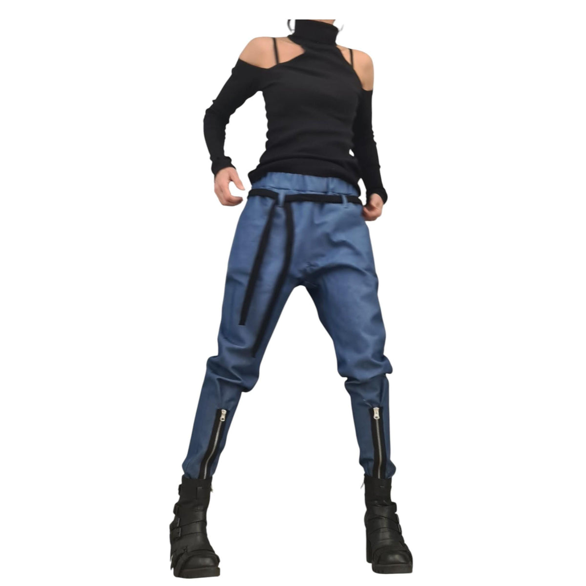 Denim Harem Pants, Loose and Fit Trousers whit Zipper Detail, Plus Size Bottom