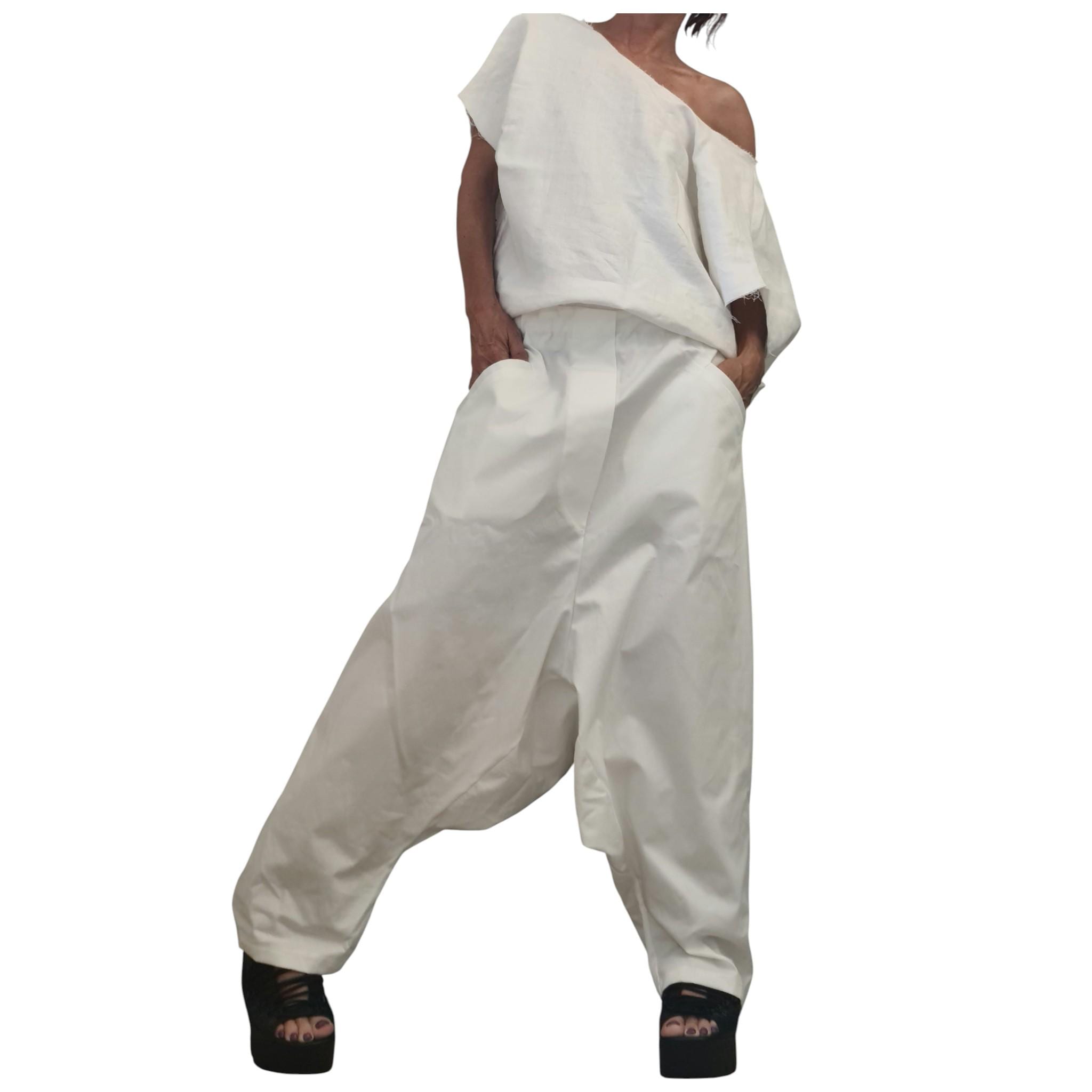White Linen Harem Jumpsuit, Open Back Drop Crotch Overall, Sleeveless Loose Summer Romper