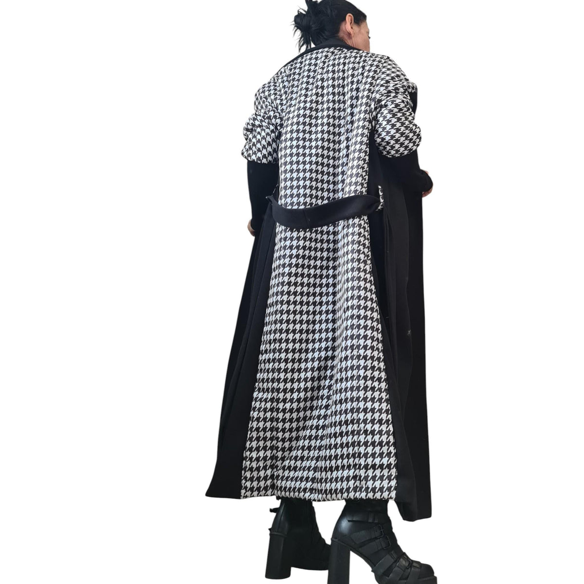 Black Asymmetric Wool Coat, Houndstooth Back Panel, Oversized Maxi Coat, Plus Size