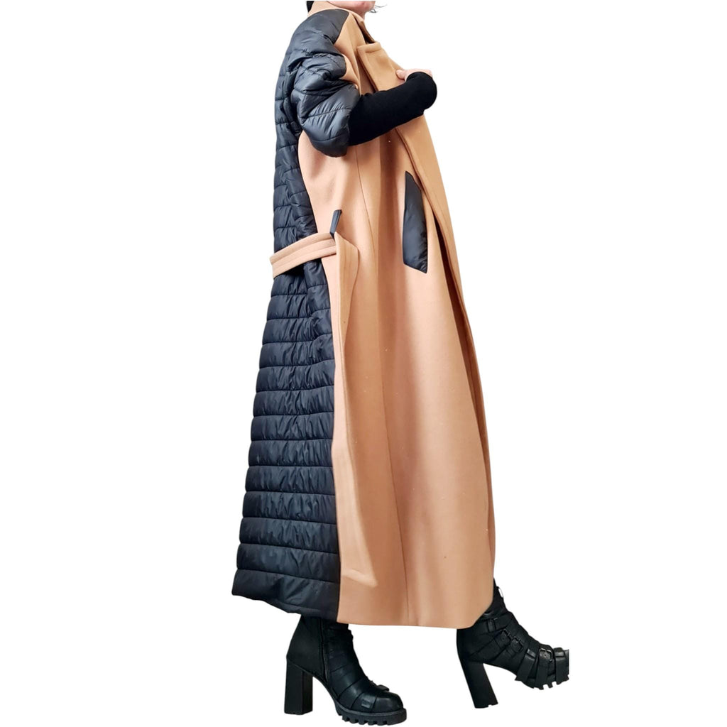 Beige and Black Asymmetrical Maxi Coat, Quilted Back Panel, Belted Long Winter Overcoat