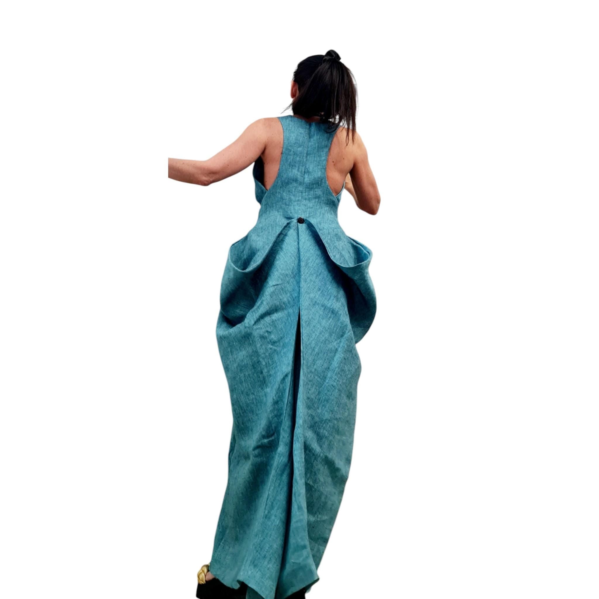 Turquoise Linen Maxi Dress for Women, Long Asymmetric Summer Dress, Convertible Loose Fit Clothing