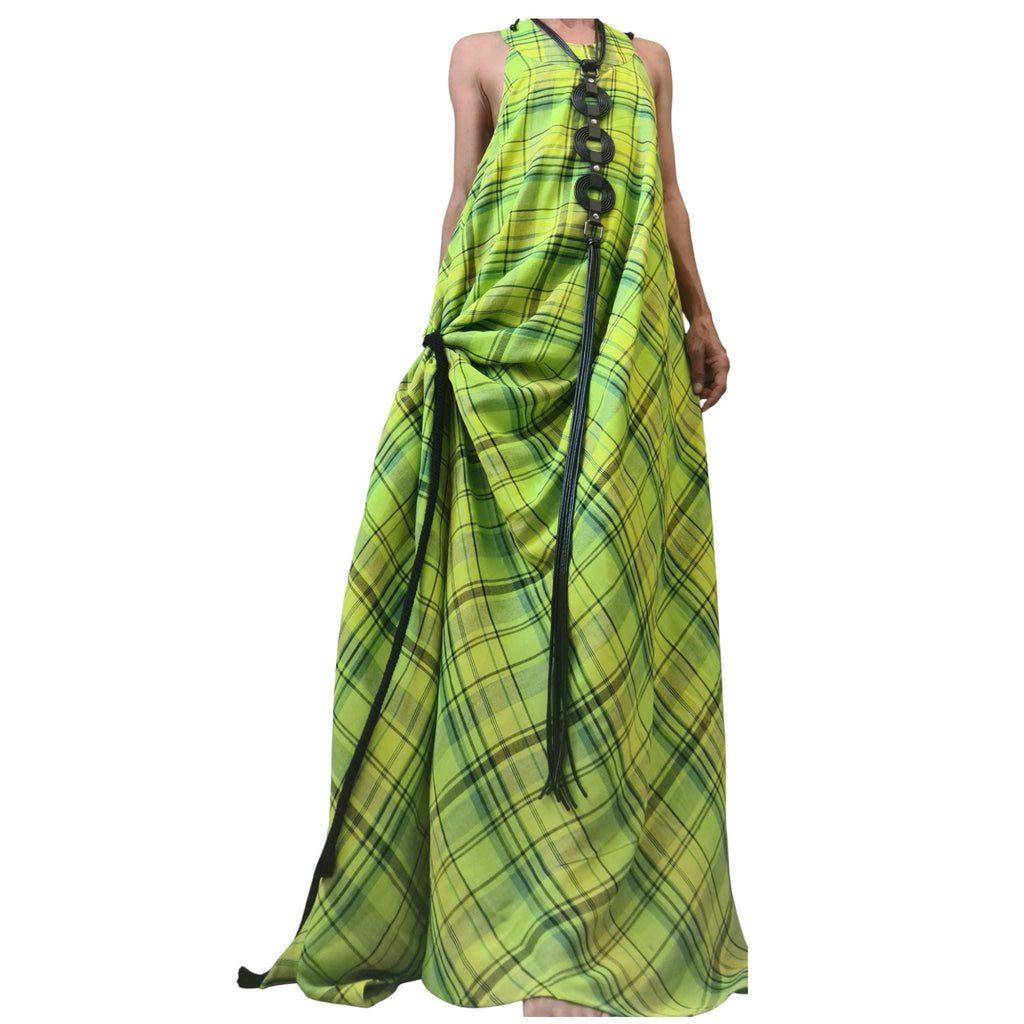 Lime Plaid Linen Maxi Dress for Women, Sleeveless Asymmetric Kaftan, Open Back Dress
