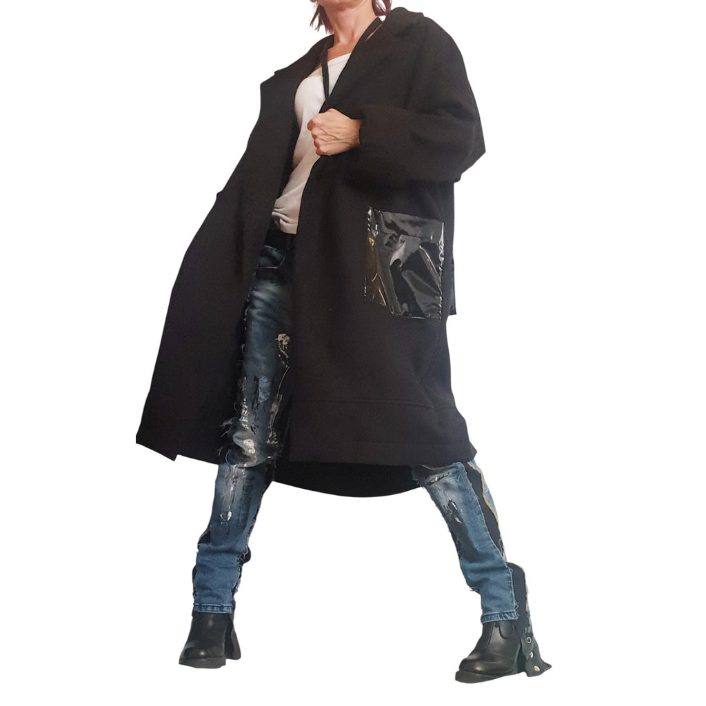Black Oversized Wool Blend Robe Coat, Long Jacket, Patent Leather Back Cargo Pockets