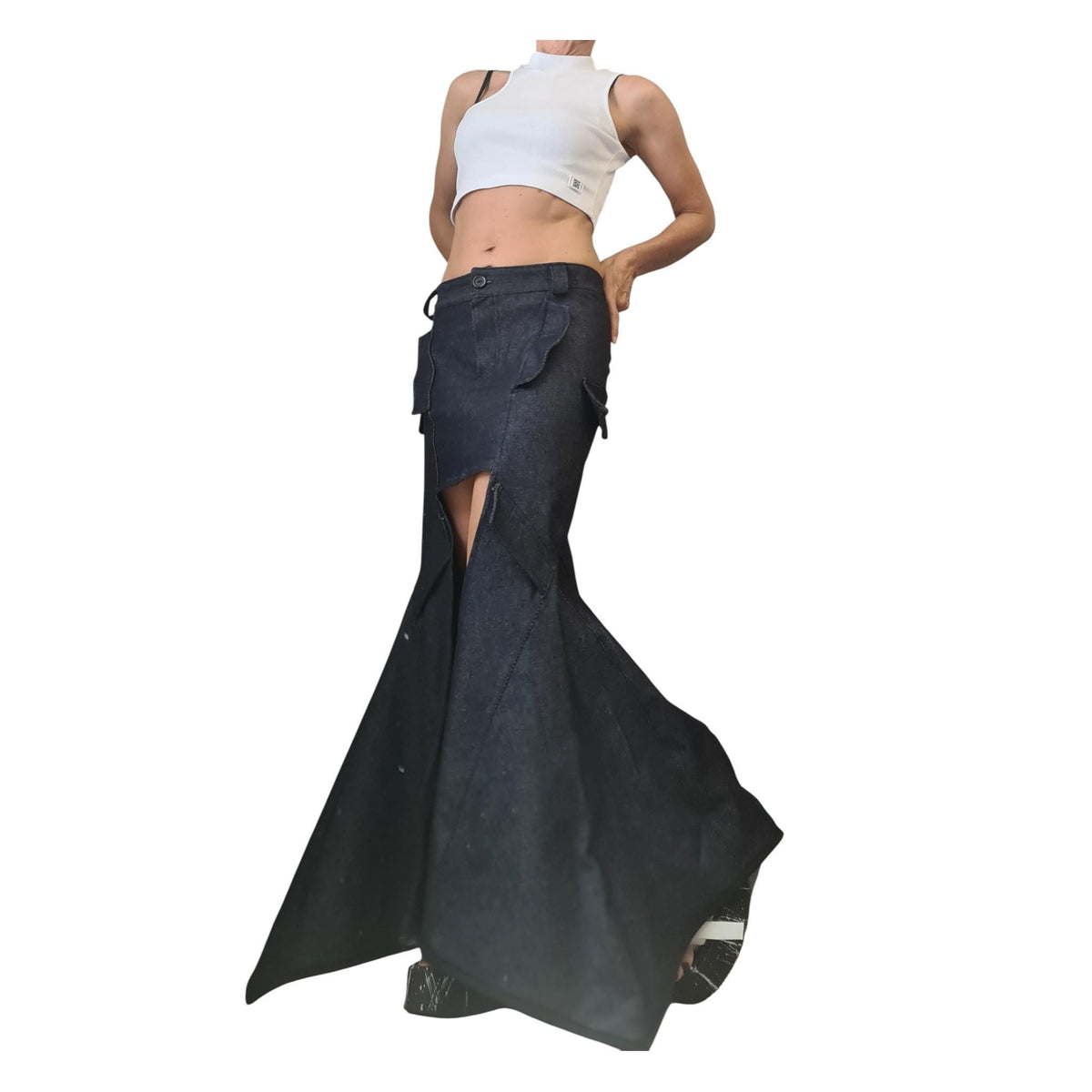 Extravagant Asymmetric Denim Skirt, Wrap A-Line Maxi Skirt