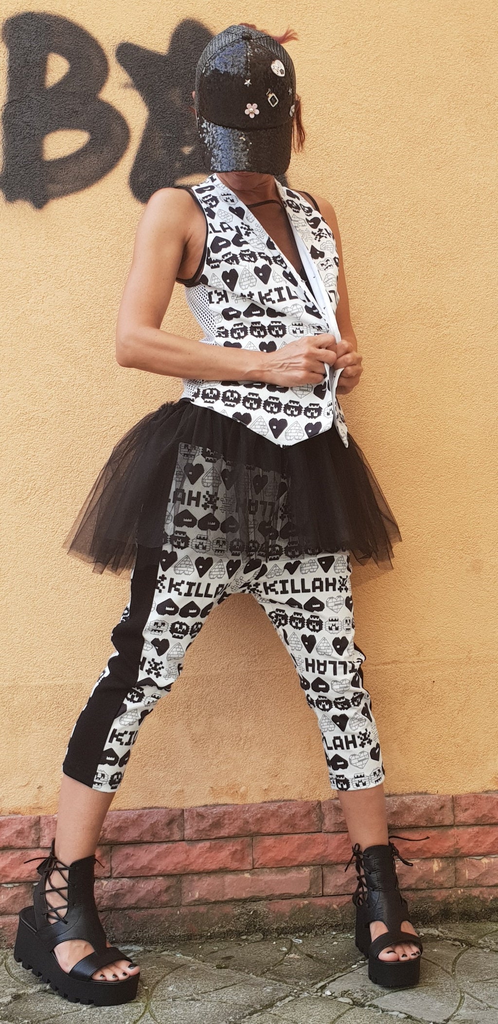 Black White Printed Harem Pants, Tulle Blouse, Sleeveless Vest, Three Piece Co-Ord Set