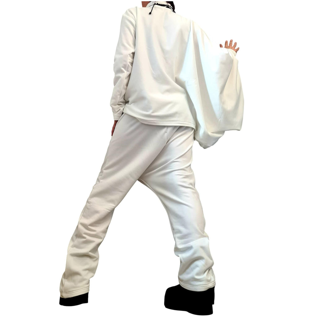 White Cotton Drop Crotch Harem Pants, Oversized Asymmetrical Batwing Turtleneck Top, Two-Piece Co-Ord Set