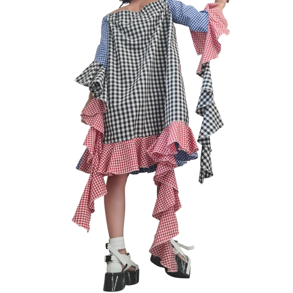 Extravagant Plaid Asymmetric Knee-Length Dress, Plus Size Cotton Dress
