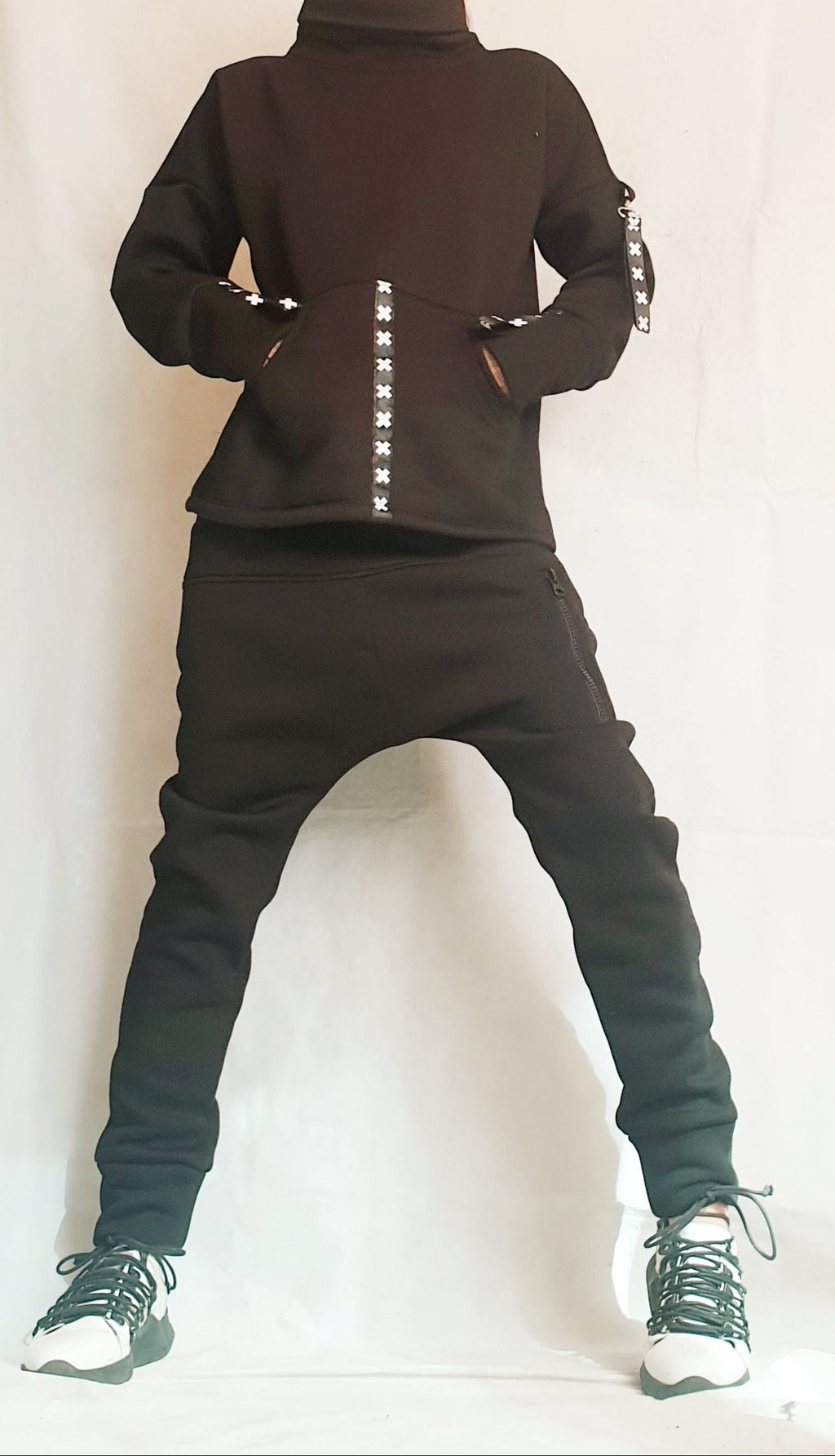Black Cotton Tapered Drop Crotch Harem Pants, Open Back Blouse, Two Piece Co-Ord Set
