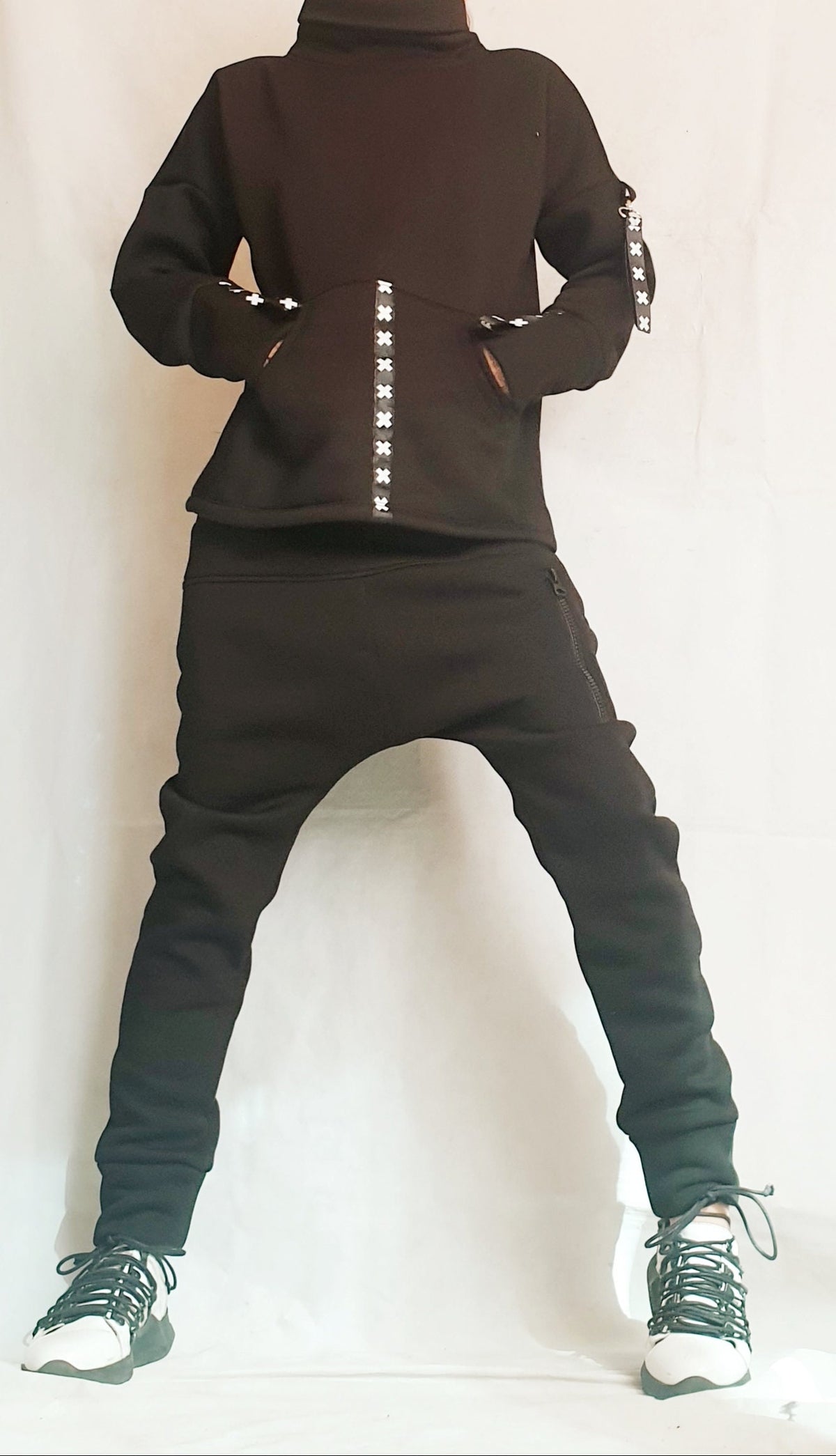Black Cotton Tapered Drop Crotch Harem Pants, Open Back Blouse, Two Piece Co-Ord Set