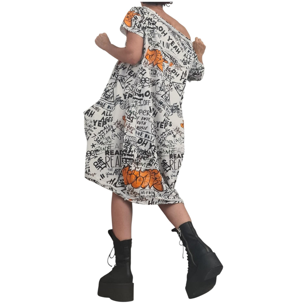 Cotton Tunic Dress with Graffiti Print, Asymmetric Knee Length