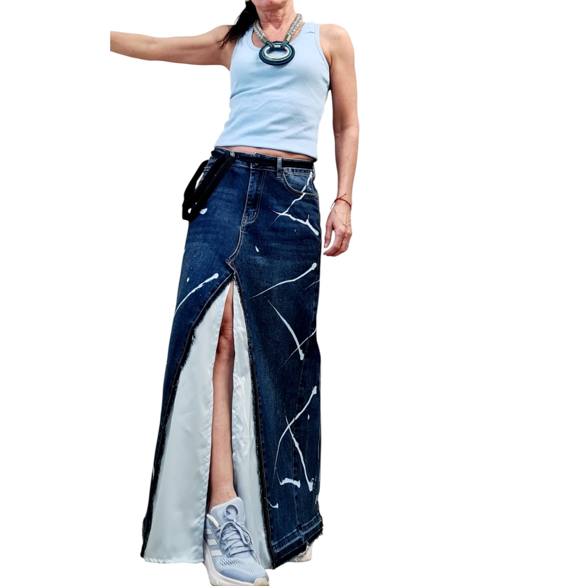 Asymmetric Denim Skirt Maxi Length Blue Satin Panel High Waist Avant Garde Clothing