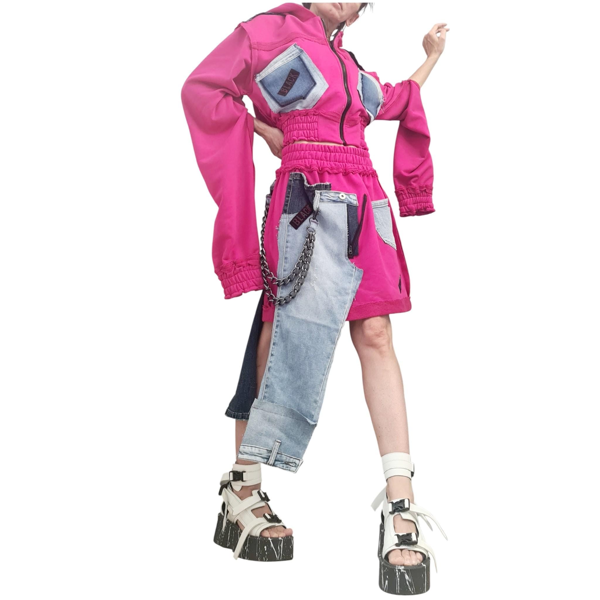 New collection Extravagant Short Skirt, Cotton Denim Skirt, Deconstructed Avant Garde Skirt Outside Seam