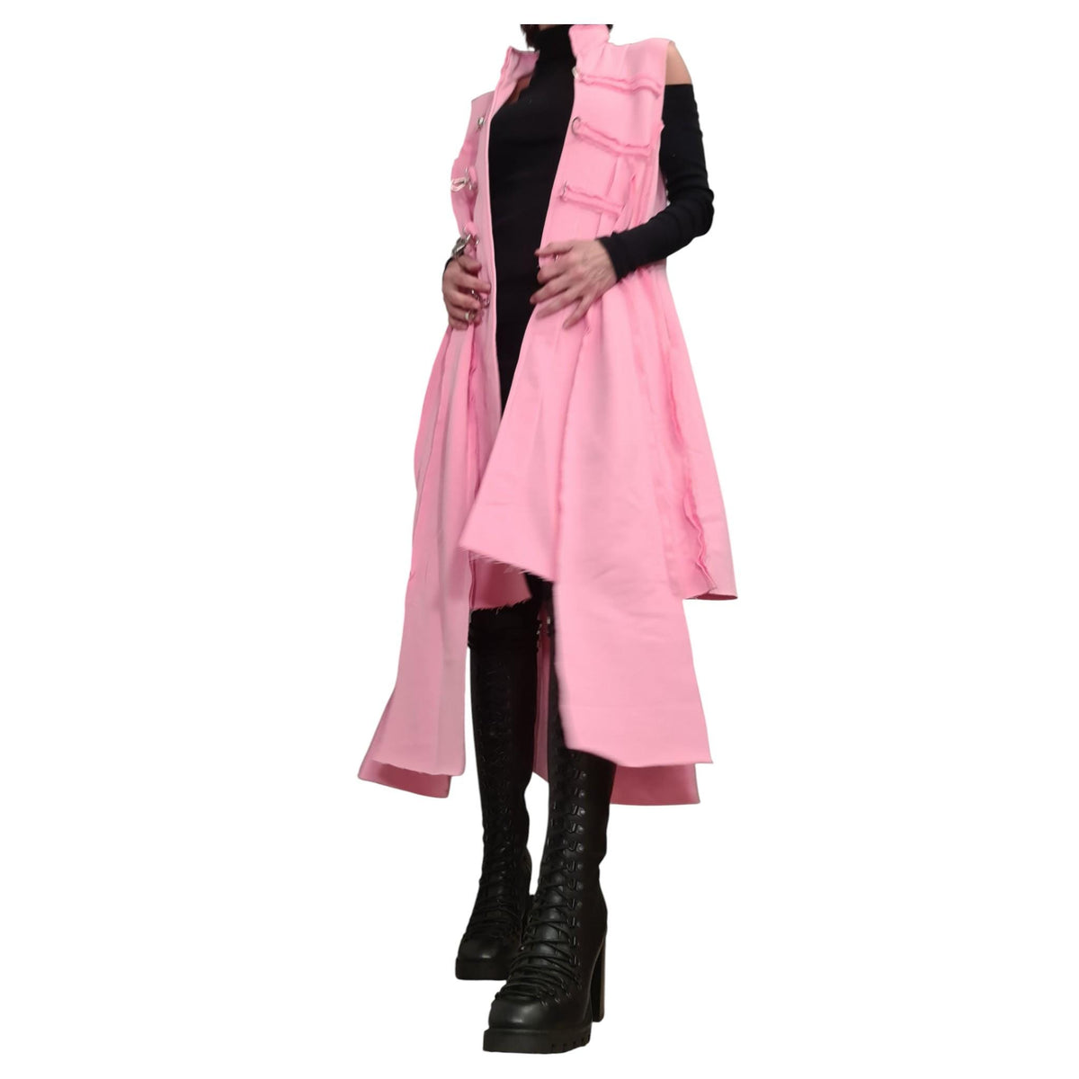 Baby Pink Asymmetrical Maxi Vest, Sleeveless Cotton Coat, Metal Buckle Closures, Plus Size