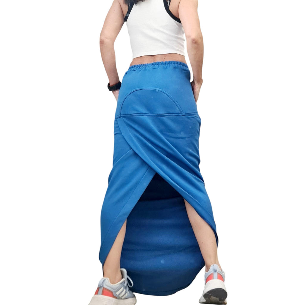 Blue Cotton Maxi Skirt with Pockets, Sporty Tight Long Skirt, Large Slit