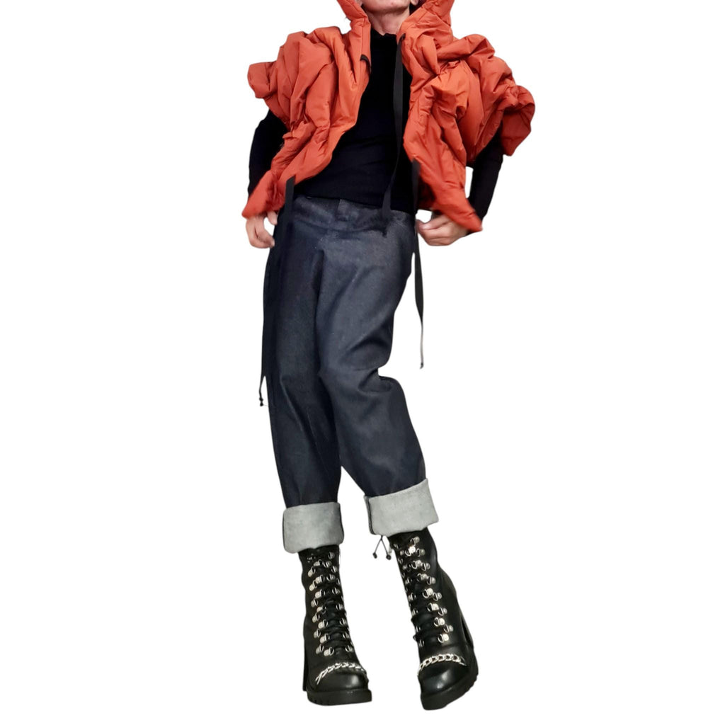 Brick Orange Asymmetric Puffer Vest, Oversized Quilted Sleeveless Jacket, Cropped Winter Gilet