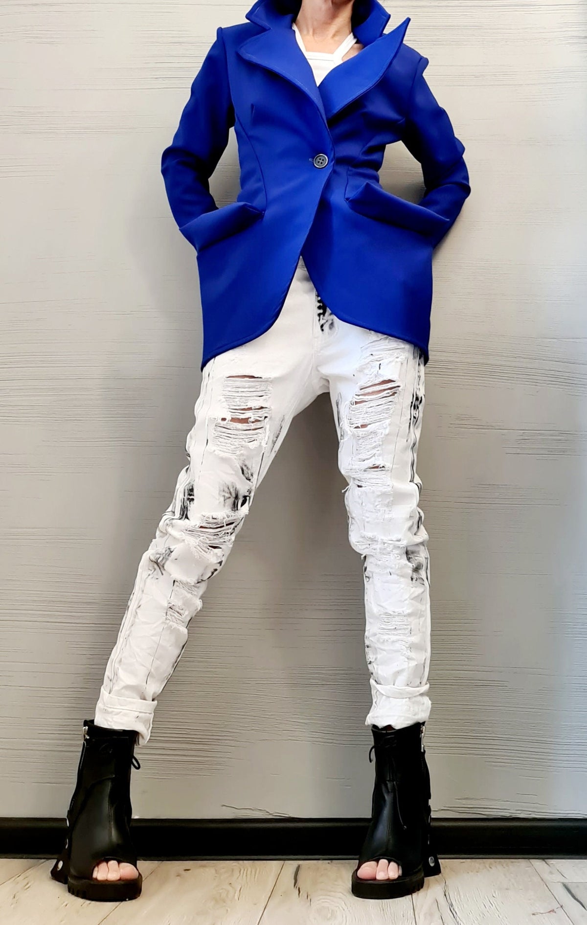 Blue Neoprene Blazer, Asymmetric Fitted Jacket with Oversized Pockets, Plus Size Coat