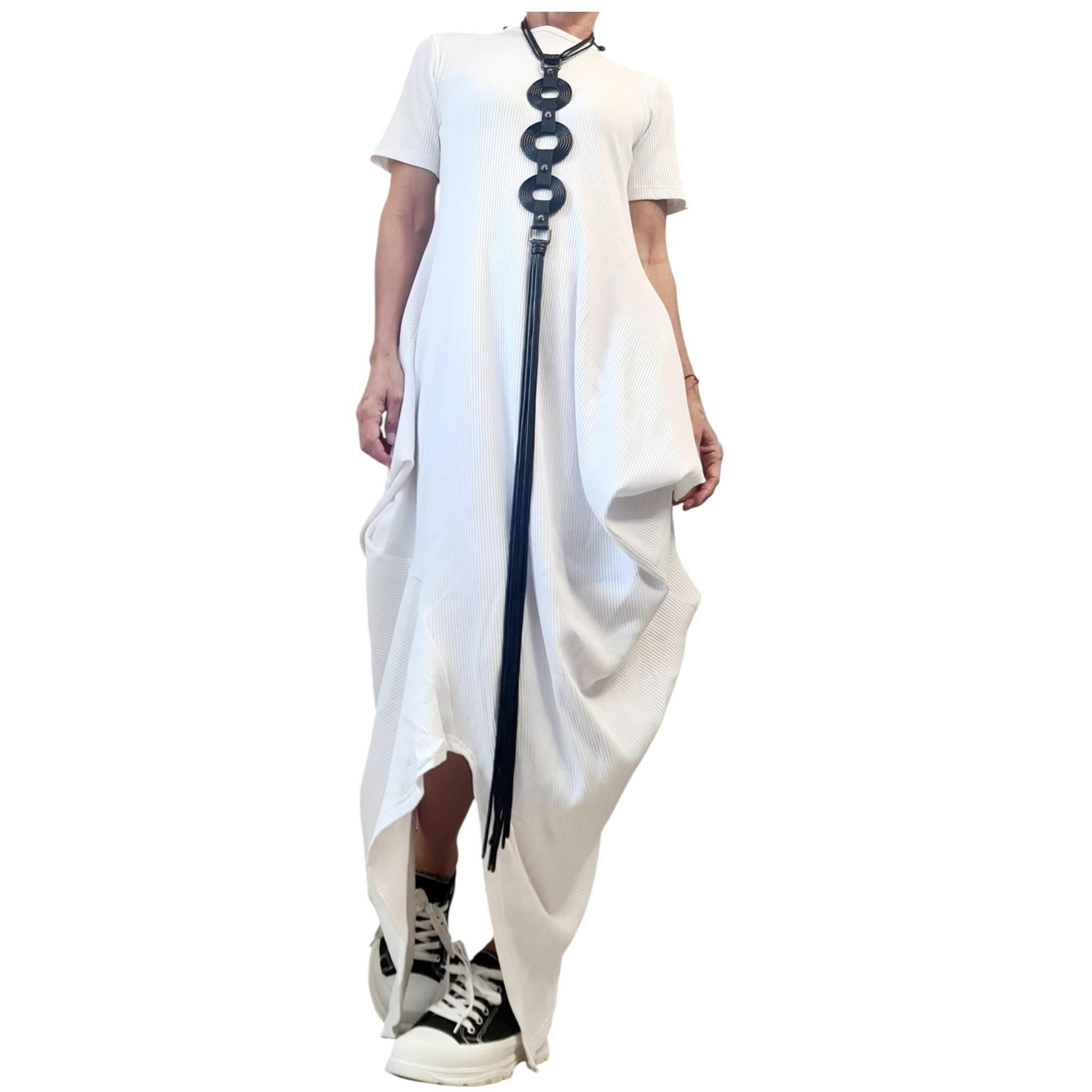 White Asymmetric Cotton Rib Maxi Dress, Avant Garde Loose Dress, Plus Size Clothing