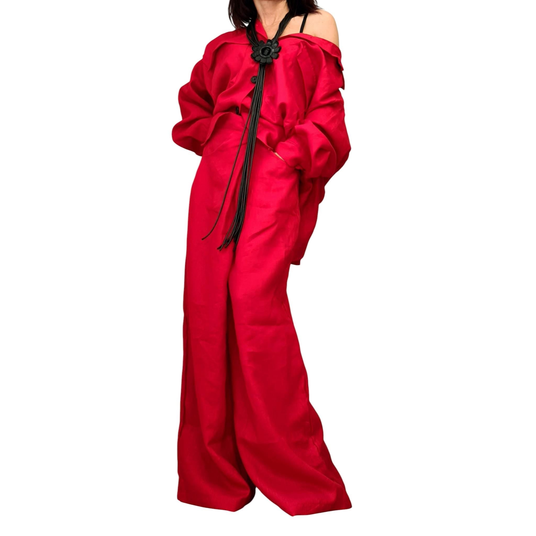 Red Linen Two Piece Women Set, Open Back Shirt, Wide Leg Harem Pants Outfit