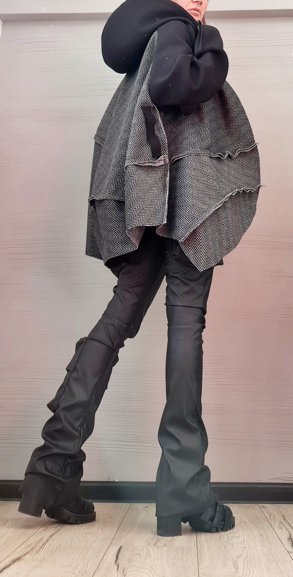 Grey and Black Asymmetrical Hooded Poncho, Herringbone Wool Cape, Long Sleeves, Plus Size