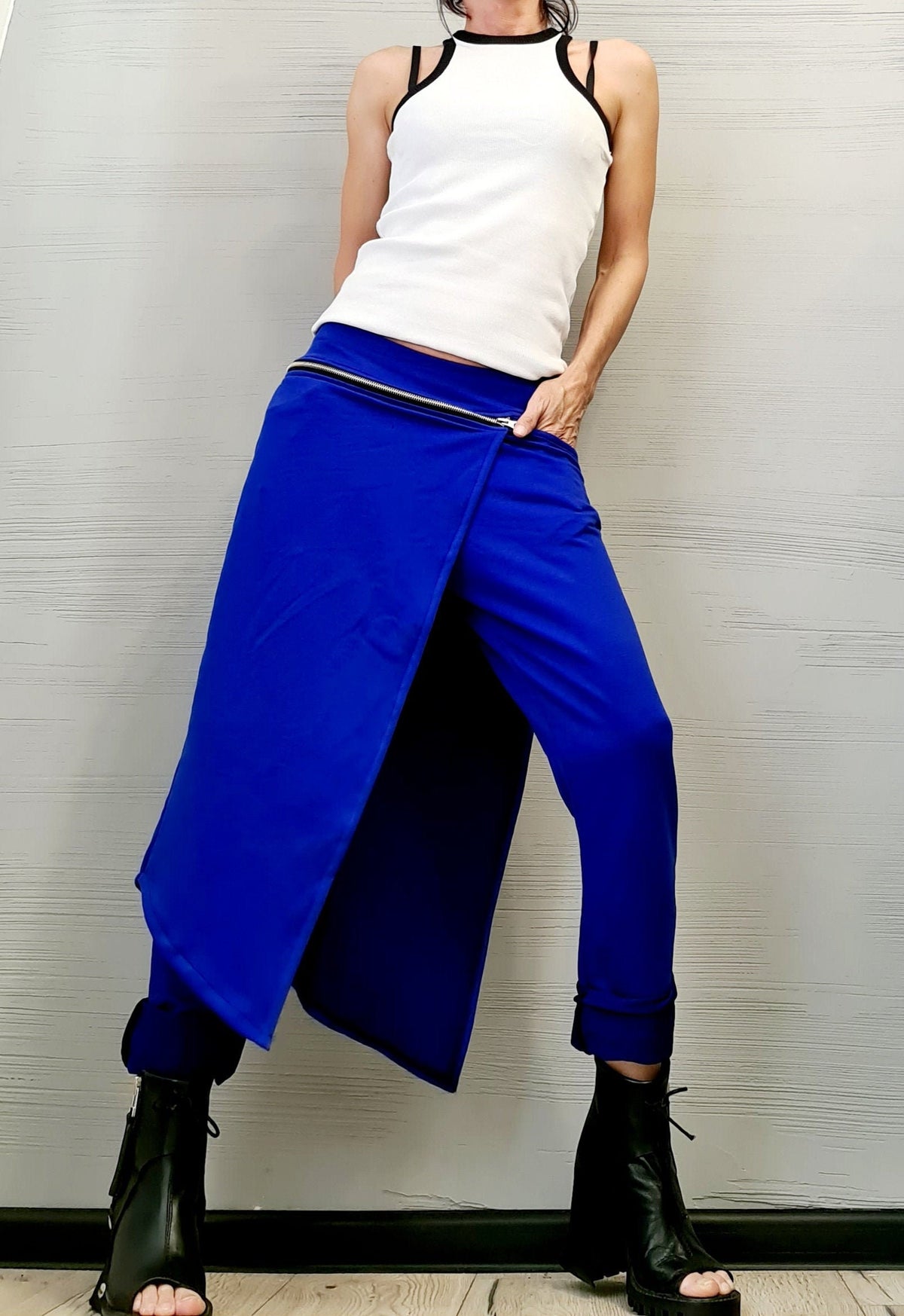 Royal Blue French Terry Pants, Wrap Skirt Overlay, Slim Leg, Asymmetric Trousers