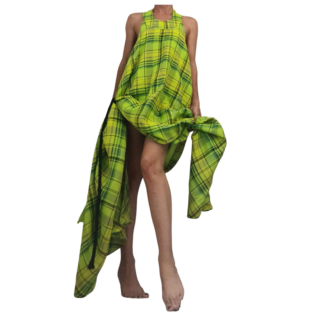 Lime Plaid Linen Maxi Dress for Women, Sleeveless Asymmetric Kaftan, Open Back Dress