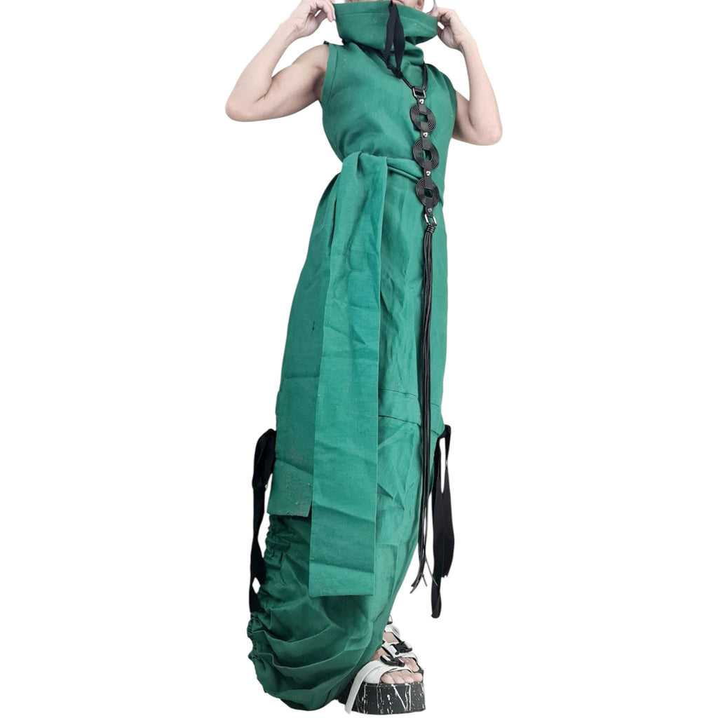 Green Linen Maxi Dress, Open Back, Asymmetric Sleeveless Fit, Avant Garde Plus Size Dress