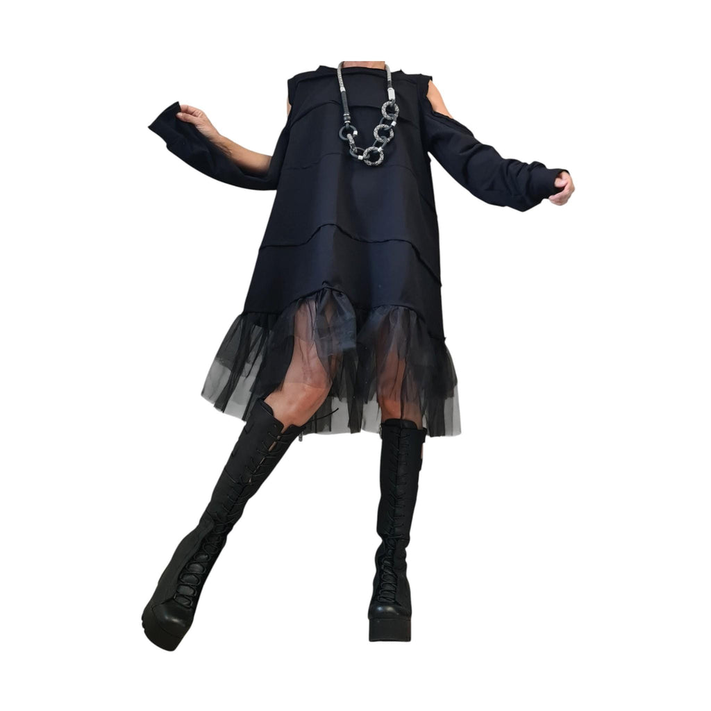 Gothic Tulle Dress, Black Deconstructed Oversize Tunic, With and without sleeve