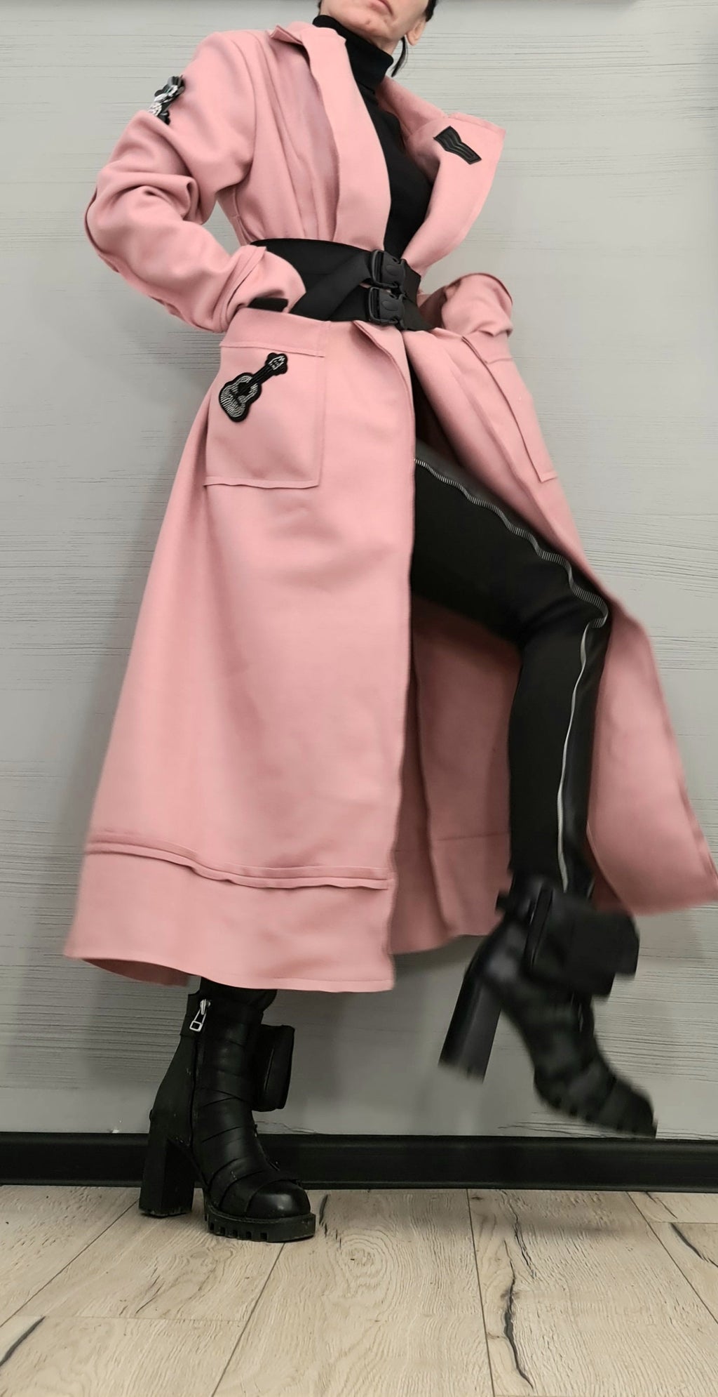Dusty Rose Wrap Coat, Asymmetric Long Robe Jacket, Plus Size Double Belt Outerwear