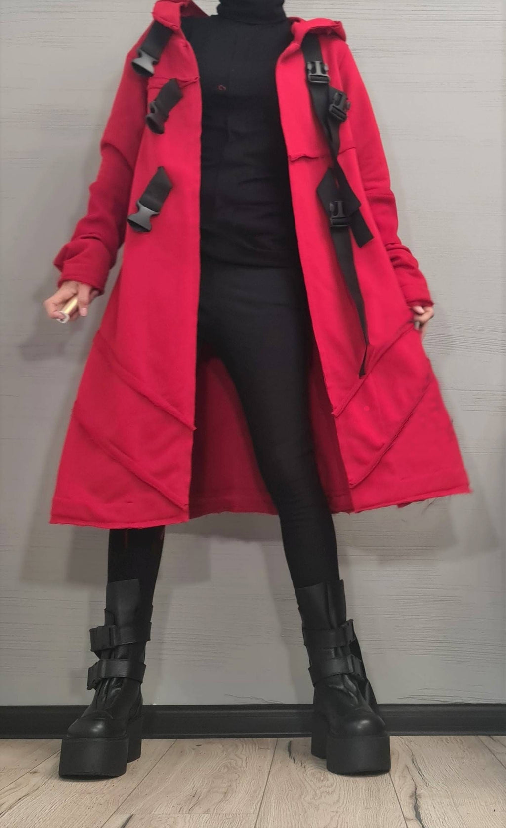 Red Hooded Cotton Coat, Long Plus Size Jacket, Black Buckle Strap Details