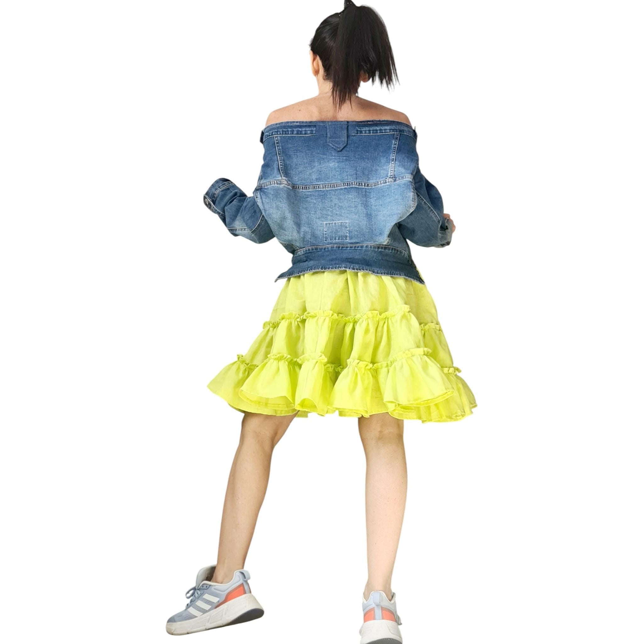 Off Shoulder Denim and Linen Dress for Women, Lime Ruffle Skirt, Asymmetric Oversize Clothing