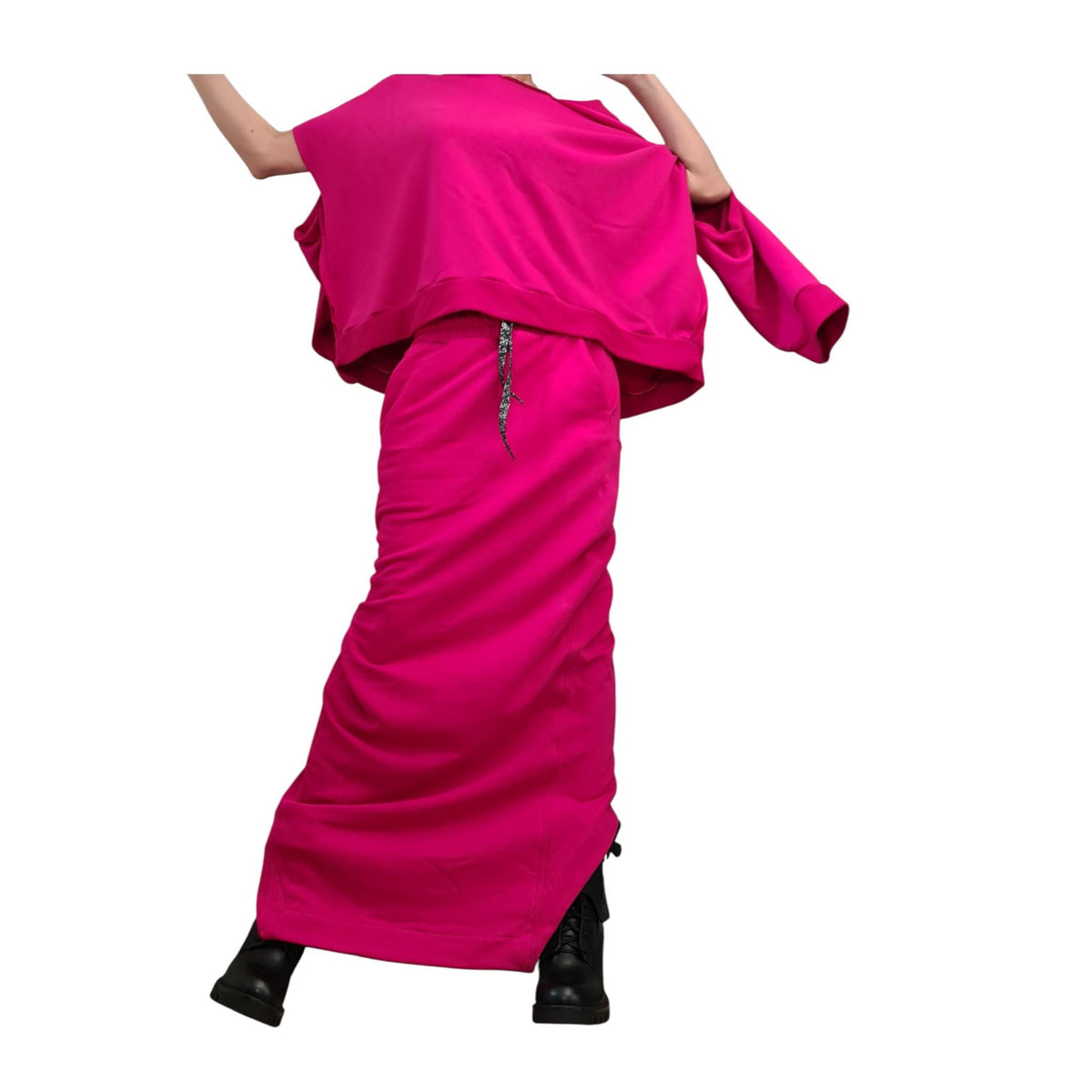 Fuchsia Cotton Asymmetrical Wrap Maxi Skirt, Cropped Hooded Blouse, Two-Piece Co-Ord Set