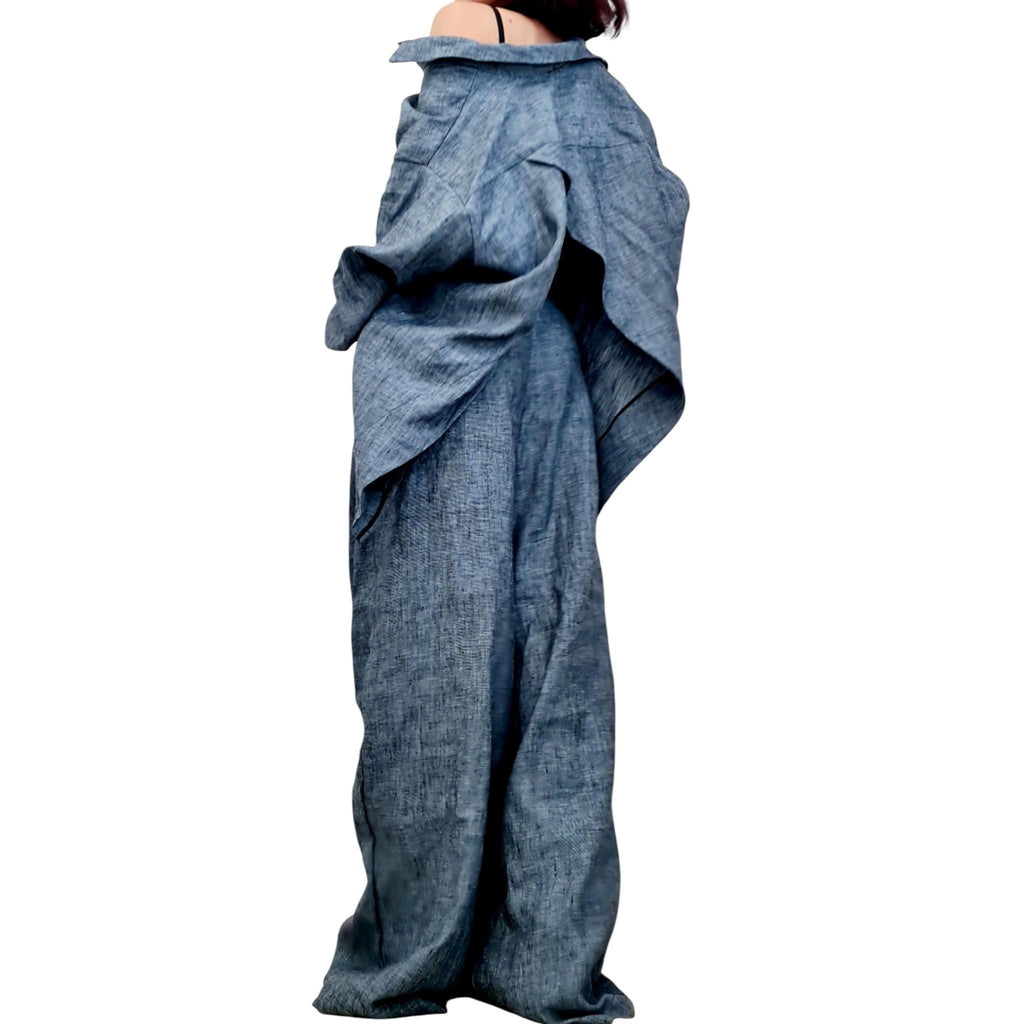 Denim Linen Shirt, Open Back Top, Asymmetric Off Shoulder Blouse, Avant Garde Style