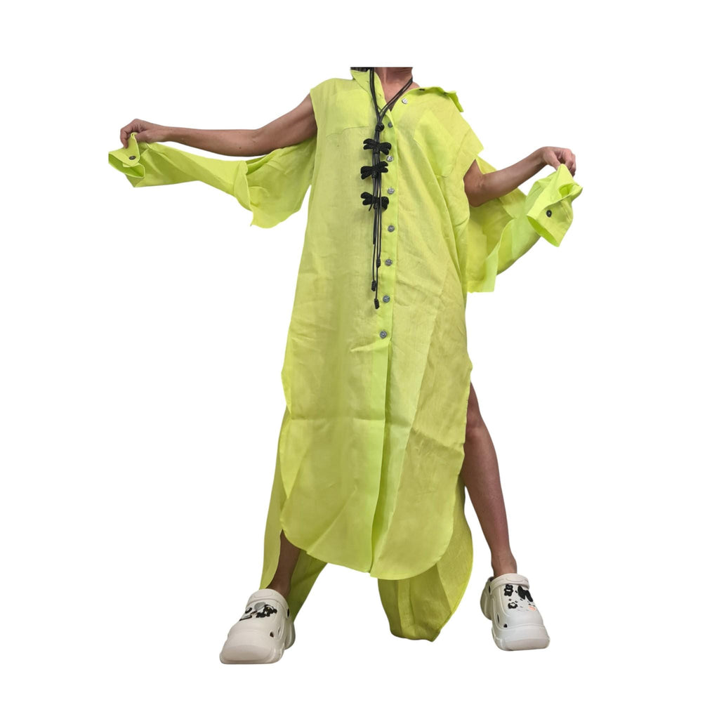 Baby Blue Linen Shirt, Long Asymmetric Kaftan, Open Back, Maxi Loose Summer Oversized Dress