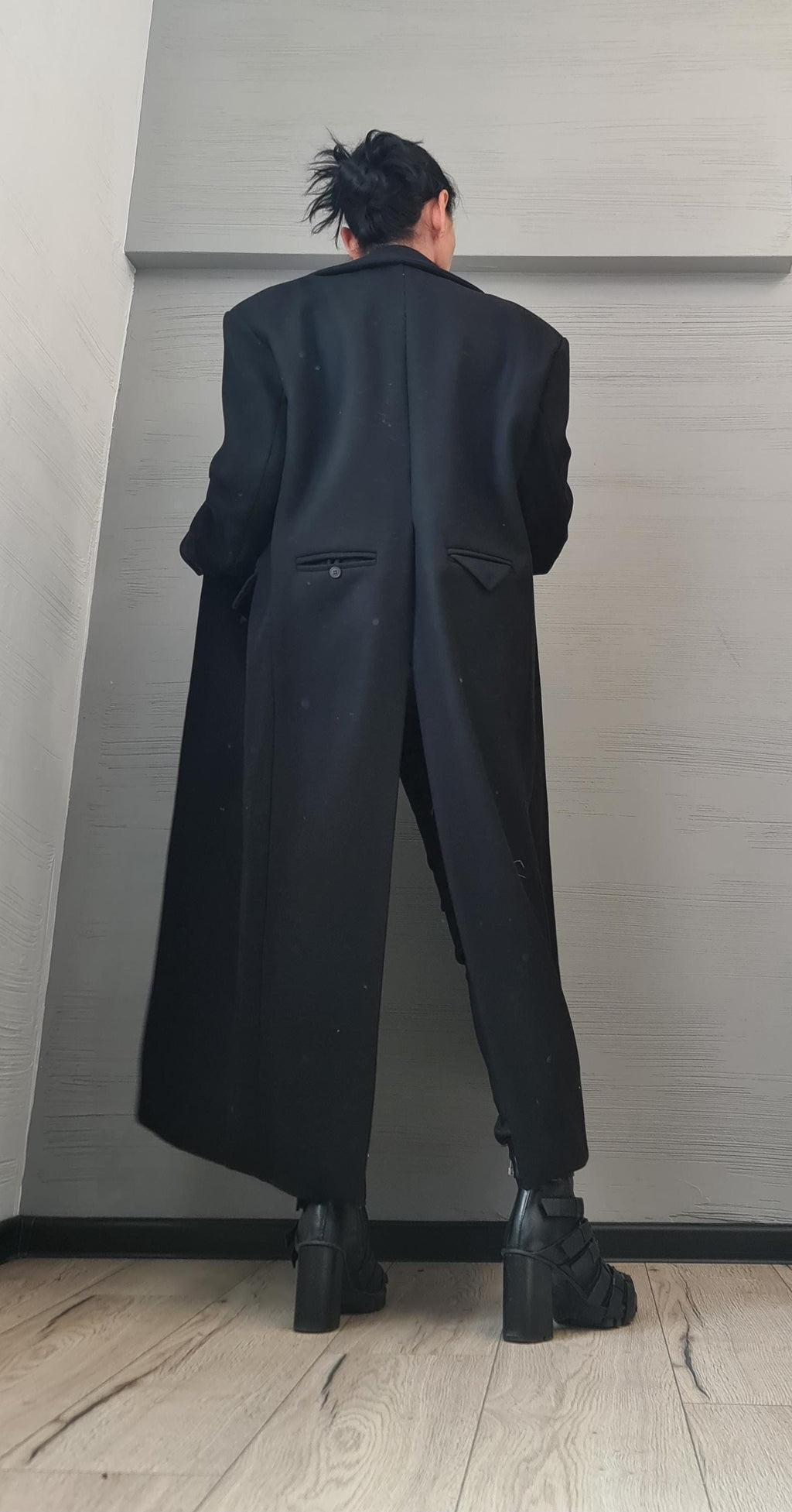 Black Oversized Coat, Floor Length Tailored Overcoat with Back Vent, Plus Size