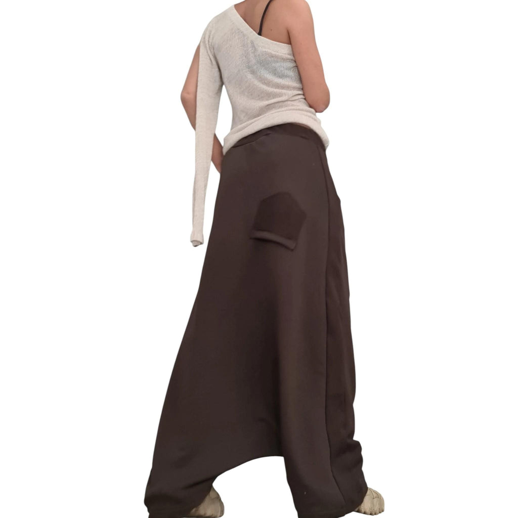 Brown Harem Skirt Pants, French Terry, Wide Leg Trousers