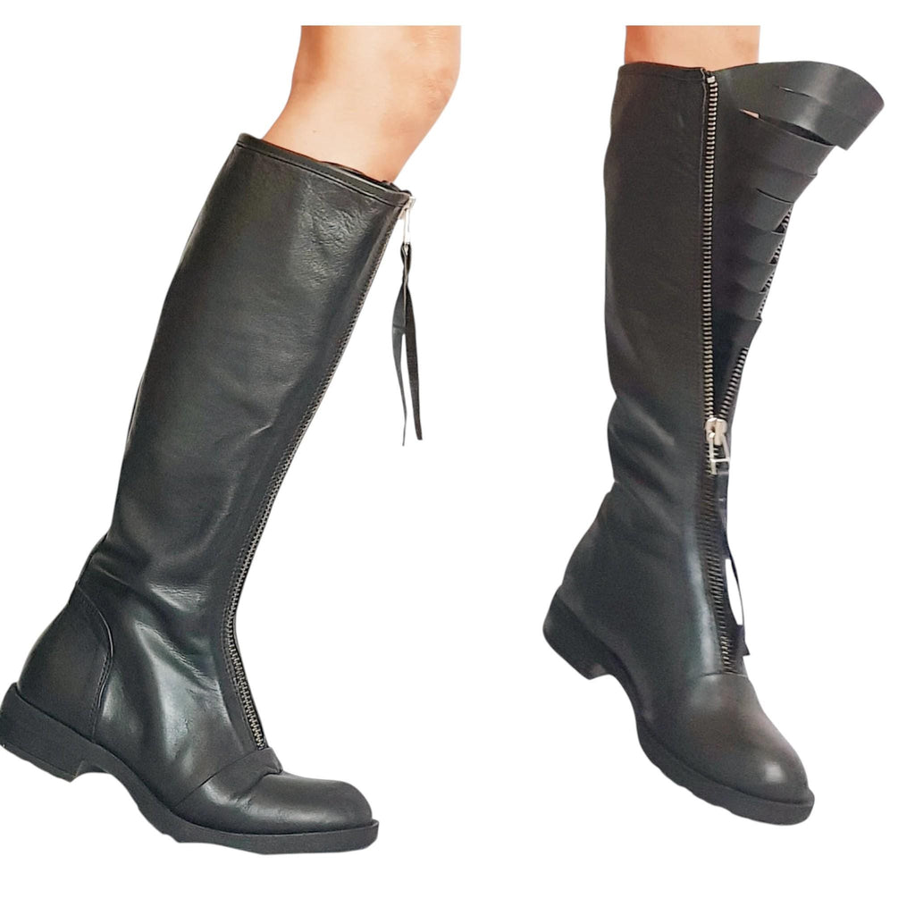 Leather Steampunk Platform Boots, Zipper Grunge Knee Winter Booties