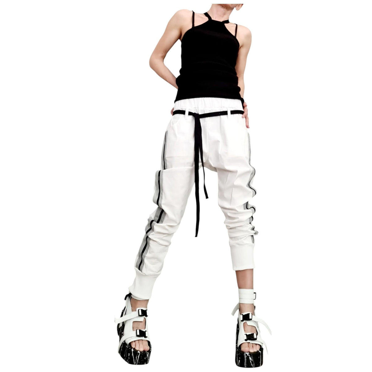 White Cotton Drop Crotch Pants, Side Stripe, Tapered Leg