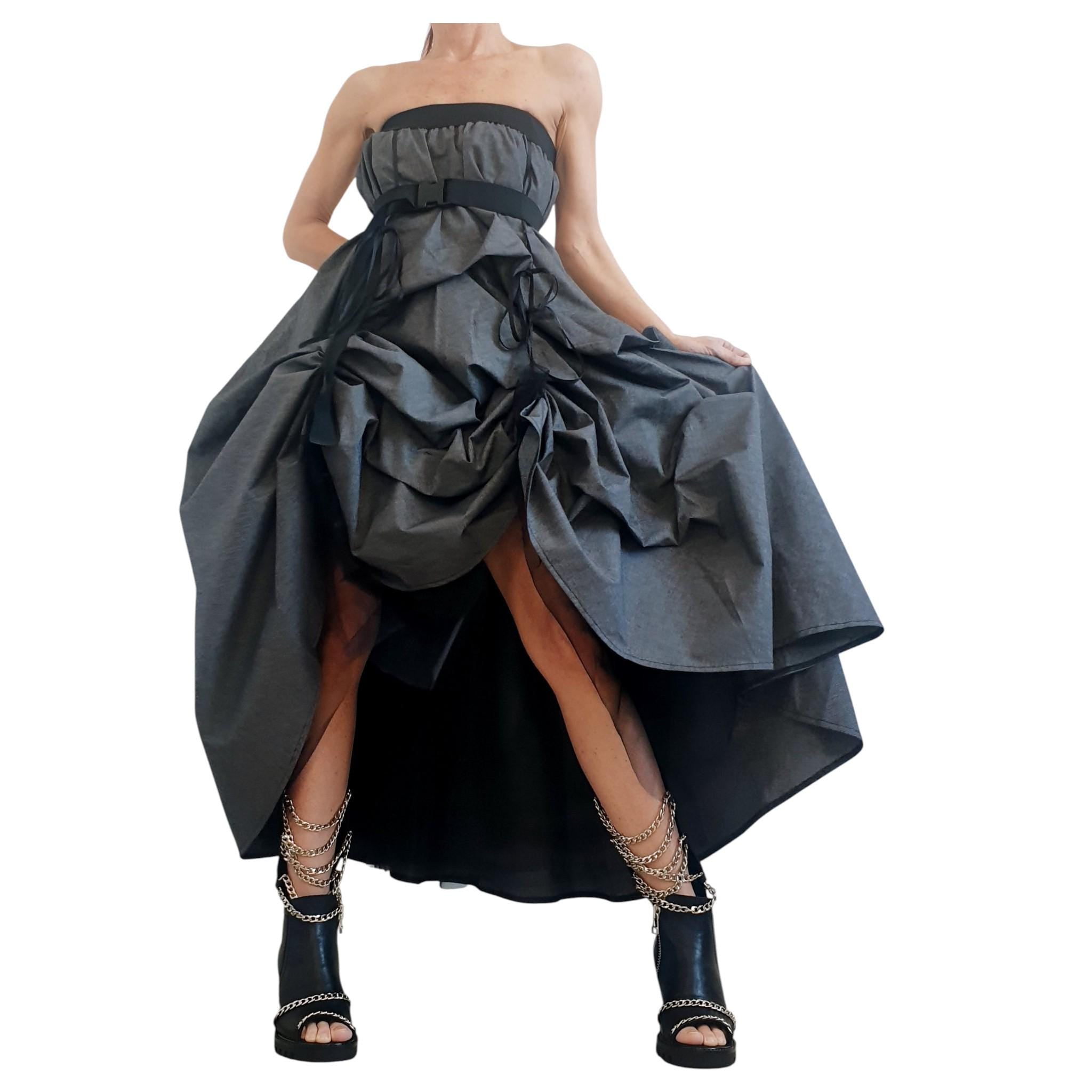 Dark Grey Cotton Sateen Maxi Skirt Dress, Adjustable Drawstrings, Layered Tulle, Convertible Design