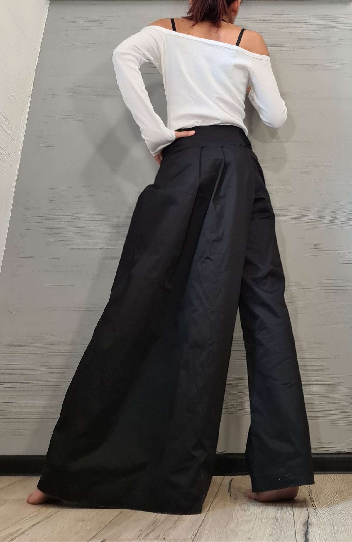 Avant Garde Asymmetric Wide Leg Pants, Black Wrap Front Trousers