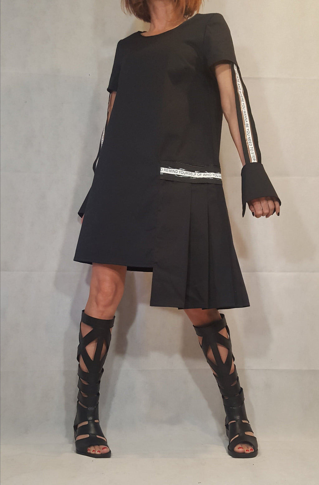 Black Asymmetric Dress, Gothic Tunic, Short Long Sleeve, Avant Garde Dress for Women