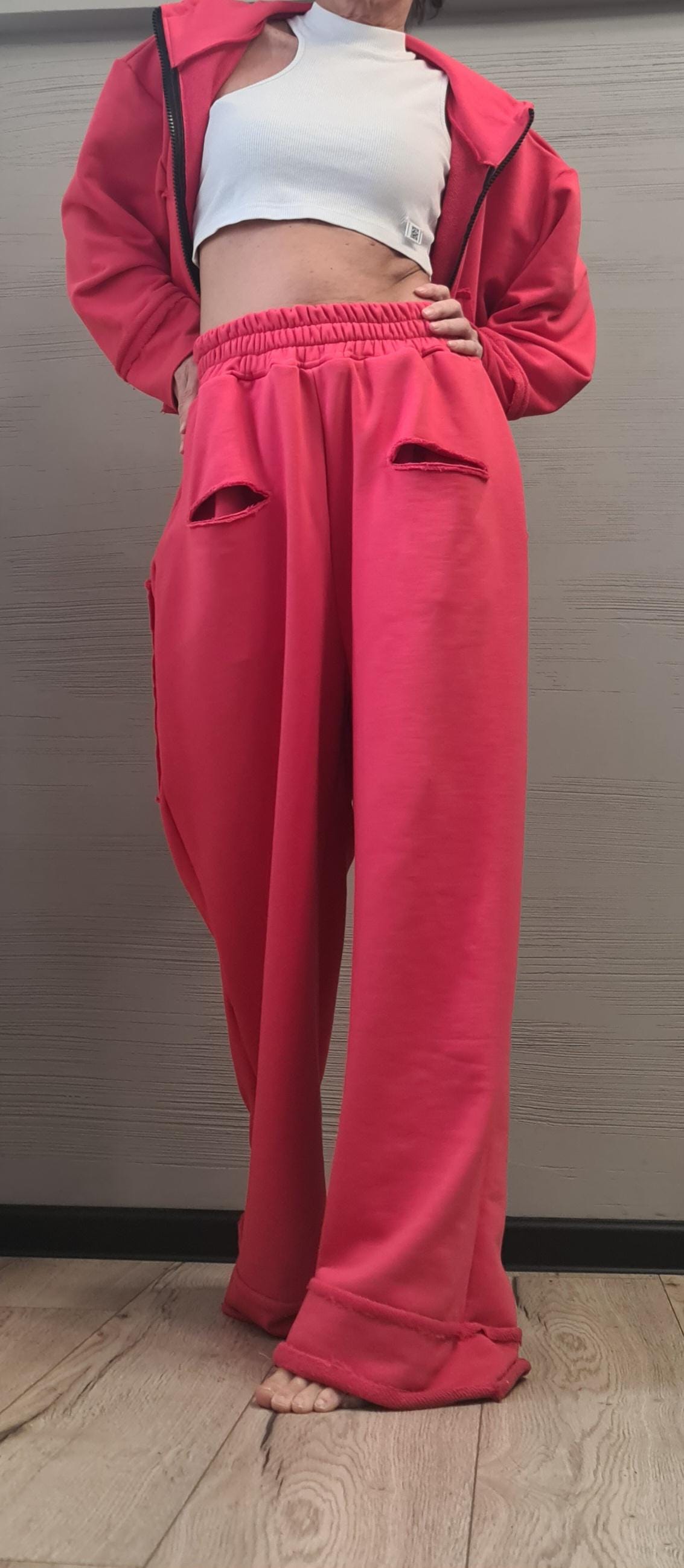 Red Cotton Wide Leg Pants, Cropped Hooded Sweatshirt, Two Piece Co-Ord Tracksuit Set