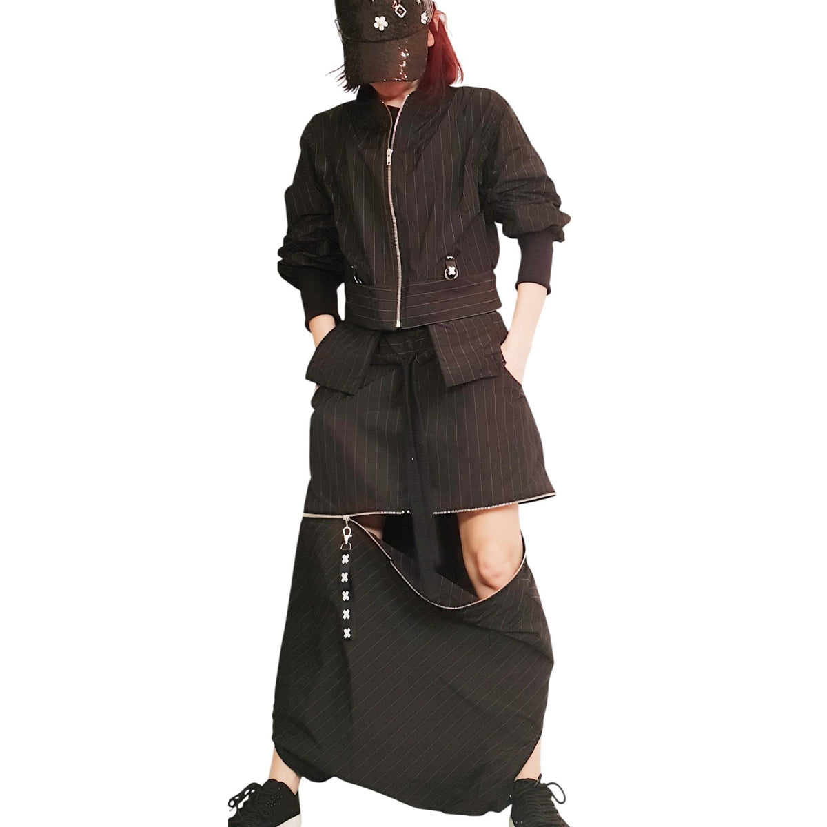 Black Pinstripe Asymmetrical Jacket, Long Pants Skirt, Plus Size Cotton Sateen Co-Ord Set