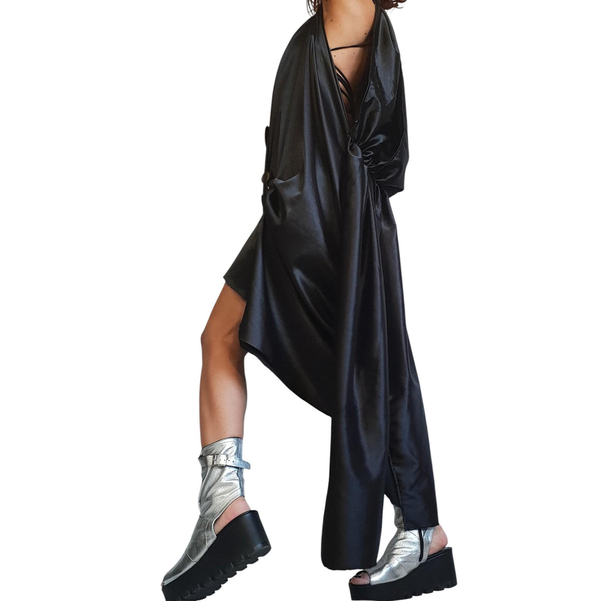 Asymmetric Black Satin Dress, Open Back, Plus Size