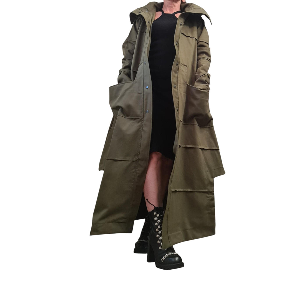 Military Green Denim Hooded Trench Coat, Asymmetrical Avant Garde Overcoat, Denim Outfit for Women