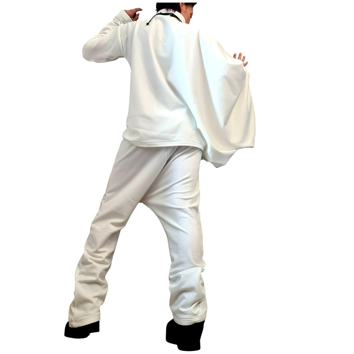 White Cotton Drop Crotch Harem Pants, Oversized Asymmetrical Batwing Turtleneck Top, Two-Piece Co-Ord Set