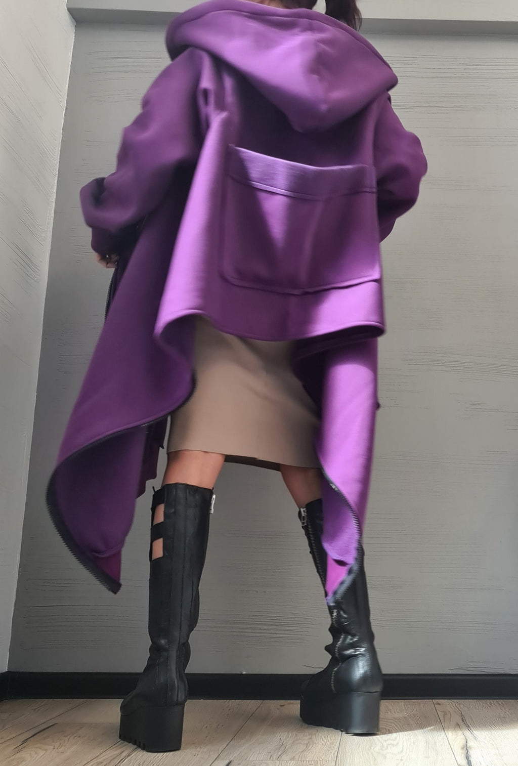 Purple Asymmetric Hooded Sweatshirt, Oversized Cotton Jacket, Longline Zip Up Hoodie