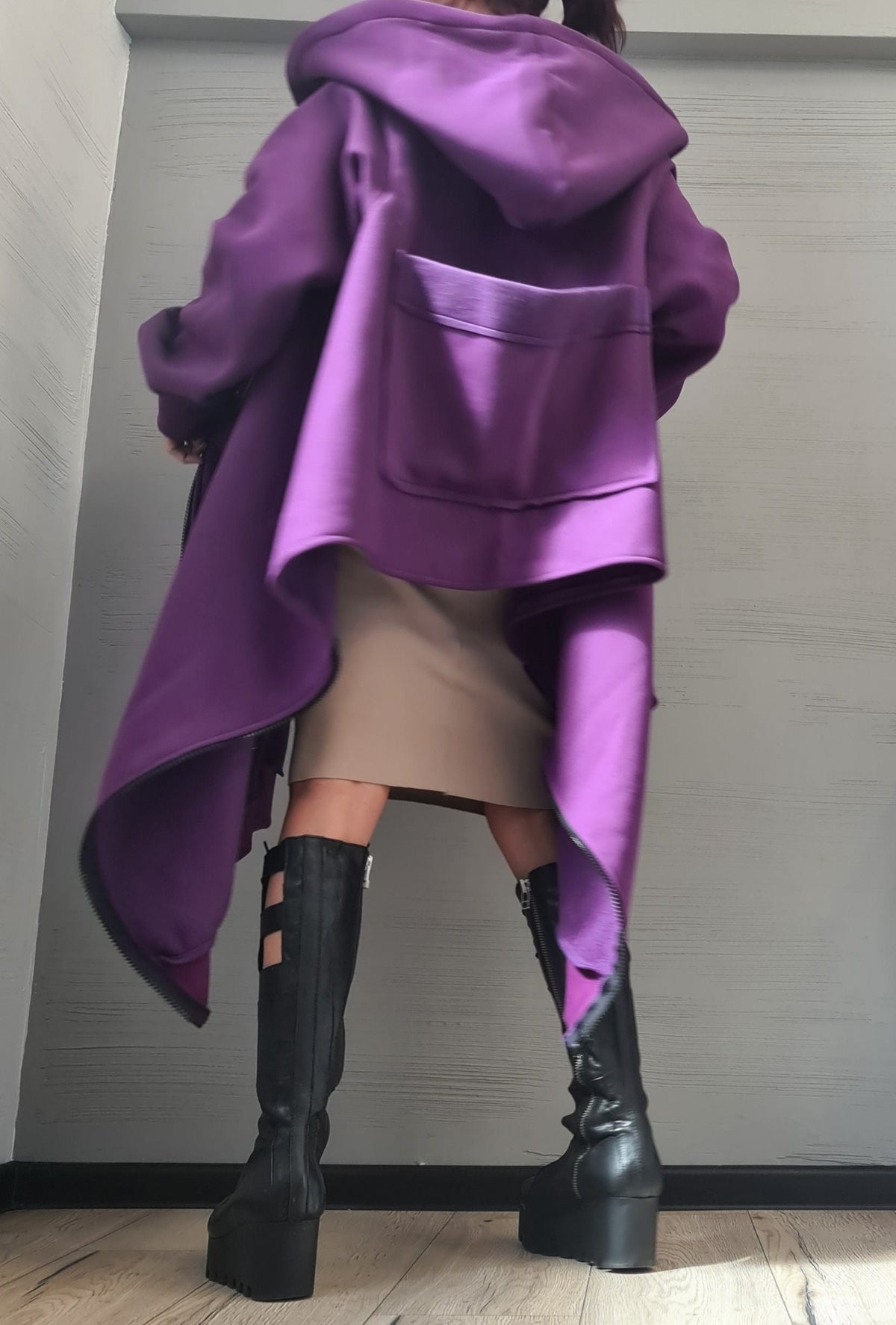Purple Asymmetric Hooded Sweatshirt, Oversized Cotton Jacket, Longline Zip Up Hoodie
